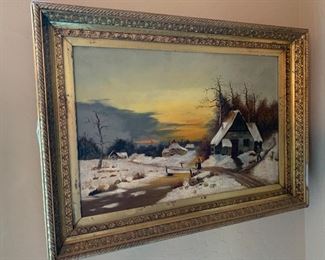 1800s Antique Oil Painting KJT Snowy Village Scene	21x29.5in	HxWxD
