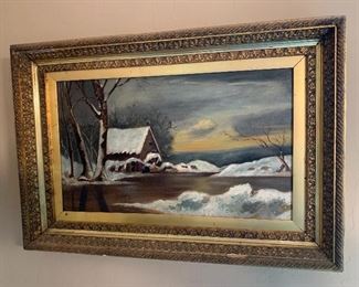 Antique Oil Painting KJT Snowy House	 