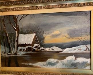 Antique Oil Painting KJT Snowy House	 