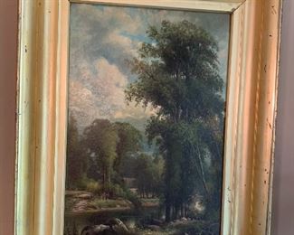 Antique Oil Painting Tree/River/House on Board	18x24in	