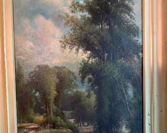 Antique Oil Painting Tree/River/House on Board	18x24in	