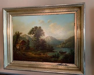 Antique Oil Painting Boat/Home/mountains On Board	25x32in	