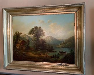 Antique Oil Painting Boat/Home/mountains On Board 25x32in