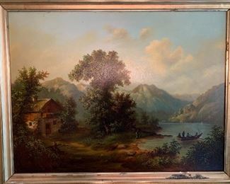 Antique Oil Painting Boat/Home/mountains On Board	25x32in	