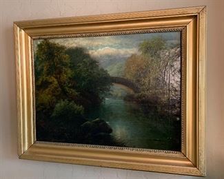 Antique Oil Painting Bridge over River	18x22.5in	