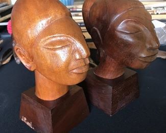 J Pinal Carved Wood Bust Sculptures PAIR	 