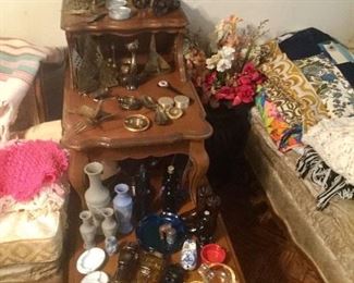 Vintage Brass, Ashtrays, Avon Bottles, Coffee Table and End Table.