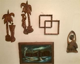 Left To Right:  Polynesian Carving Pair:  $27.00  Wood Shadow Box:  $9.00  Mid Century OH Tae Suk (outdoor theater scene/art.  Korea):   $33.00 (as is)  Velvet Art By Serrano.  Desert Cactus Scene:  $60.00