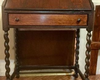 Antique Oak Secretariat/Desk w/Barley Twist Legs (31" h to desk top/41.5"h top top of desk x 29"w x 16.5"d when closed/ 28.5" when open):  $330.00