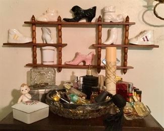Perfume, Display Shelf, Glass and Ceramic Shoes