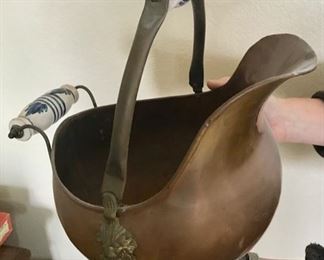 Vintage Copper Coal Hod with Porcelain Handles