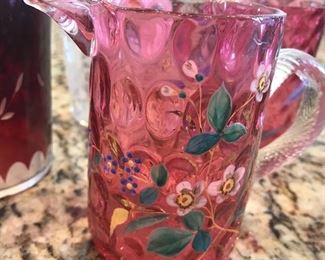 Enamelled Cranberry Glass Pitcher