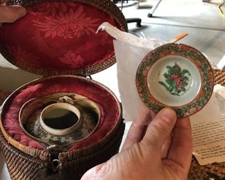 Porcelain Travel Tea Set in Woven Basket