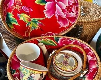 Travel Tea Set with Bright Floral Fabric Lined Woven Basket