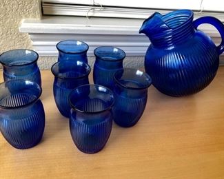 Vintage 1940's Ribbed Glass Pitcher and Glasses Set