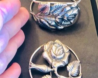 Sterling Silver Dancraft Rose embossed cuff bracelet and Substantial size Sterling Silver matching Brooch 