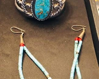 Sterling Silver Turquoise cuff bangle bracelet and long dangling pierced earrings 