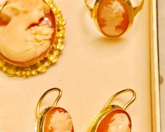 14k Gold Cameo Ring and earrings. 10K gold Cameo Brooch 