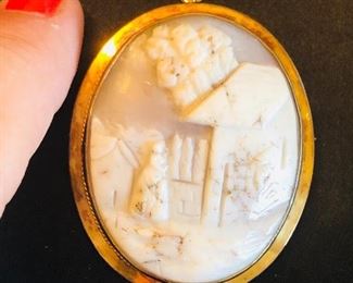 Antique Unusual hand carved Cameo with landscape scene . 