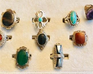 Sterling Silver Rings. Some with Marcasite , Black Onyx, Coral, Hematite, Turquoise, Stones 
