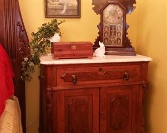 Antique mahogany night stand/wash stand and an antique gingerbread clock