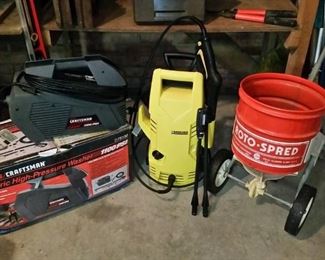 Two electric pressure washers and a spreader