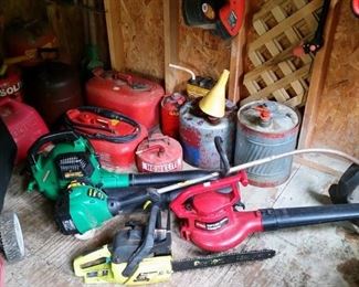 Poulan gas chainsaw, Toro electric leaf blowe, Weed Eater gas string trimmer, and Weed Eater gas leaf blower.