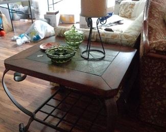 pair of these wood lamp tables & round matching coffee table