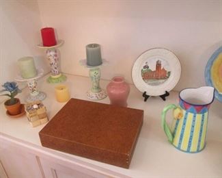 Decorative Candlesticks and a bright-colored Pitcher,       Also an Empty Flatware Case