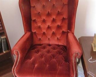 2-Matching Wing-Back Chairs, Button Tufted & Nail Tack Details