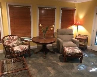 Bamboo chair/ottoman, Electric Recliner, Bamboo Coffee Table w/glass top, and Bamboo Sofa w/cushions, and an Antique Oak Round Table.
