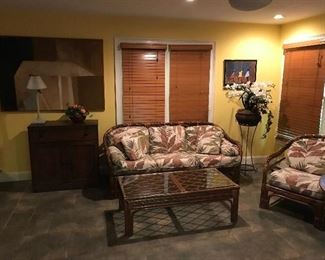 Bamboo chair/ottoman, Electric Recliner, Bamboo Coffee Table w/glass top, and Bamboo Sofa w/cushions, 