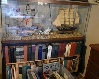 FISH/REPTILE TANK, 2 MODEL SHIPS, BOOKS