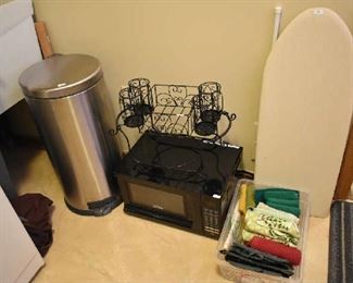 TRASH CAN, MICROWAVE, IRONING BOARD
