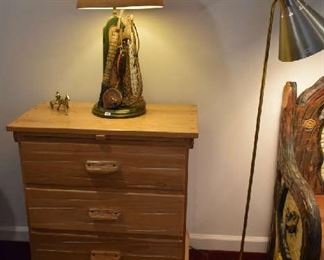 RANCH OAK DRESSER, FISHING LAMP, FLOOR LAMP