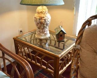 WICKER TABLE, SHELL LAMP