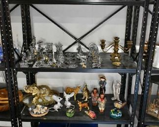 SHELVING, PEWTER FIGURINES, KNICK KNACKS