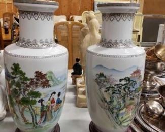#1118: Asian Hand Painted glazed porcelain vases with pedestal stands
Approximately 21" tall with pedestals