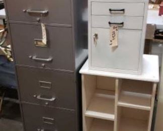 #1521: Large Filing Cabinet, Small Filing Cabinet, and Small Shelf
Large Filing Cabinet 18"×28"×52", Small Filing Cabinet 14"×12"×27", and Small Shelf 20"×16"×27"
