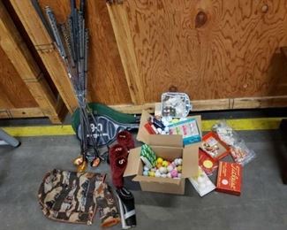 #1600: Mixed Golf Clubs, Driver Covers, 2 Racquets, 2 Boxes of Golf Balls and Tees
Mixed Golf Clubs, Driver Covers, 2 Racquets, 2 Boxes of Golf Balls and Tees