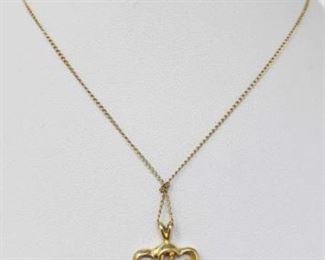 #180: 14k Gold Necklace with Gold and Diamond Pendent, 2.3g
Weighs approx 2.3g, Chain measures approx 18" long, chain is knotted