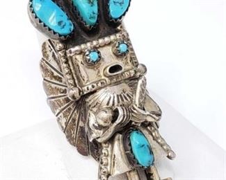 #181: Sterling Silver and Turquoise Kachina Doll Ring, 15.1g
Marked D Smryn, weighs approx 15.1g, size 10