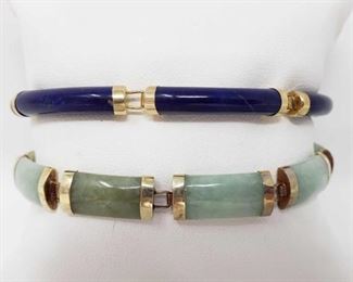 #217: Two 14K Green and Blue Bracelets, 21.2g
Pair of 14K gold bracelets, approx 21.2g One dark blue approx. 7 inches and one pale green approx. 8 inches