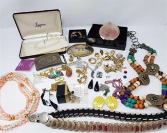 #222: Assorted Costume Jewelry
Includes necklaces, earrings, pins, buckles, belts and more