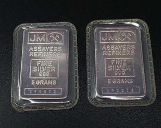 #253: Two JM Fine Silver .999 Bars, 5g each
5g each, numbers 144927 and 143378 189