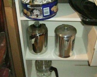 Coffee pots and book shelf