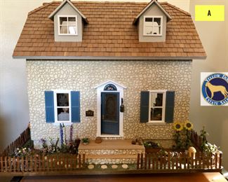 Gorgeous two-story miniature house with front and side yard. 3 rooms plus kitchen and living room. This little house is in great condition and comes with all the furnishings you see labeled as "A".  