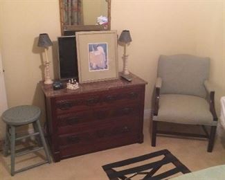 Marble topped dresser
TV
Mirror , stool, chair