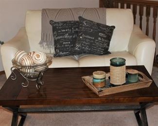 White Leather Love Seat and Solid Wood Coffee Table