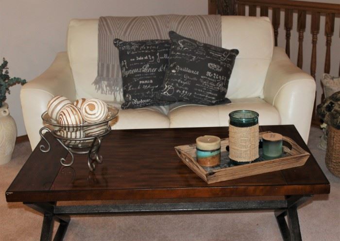 White Leather Love Seat and Solid Wood Coffee Table